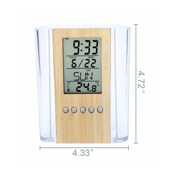 Multifunctional Digital Bamboo And Wood Pen Holder Clock