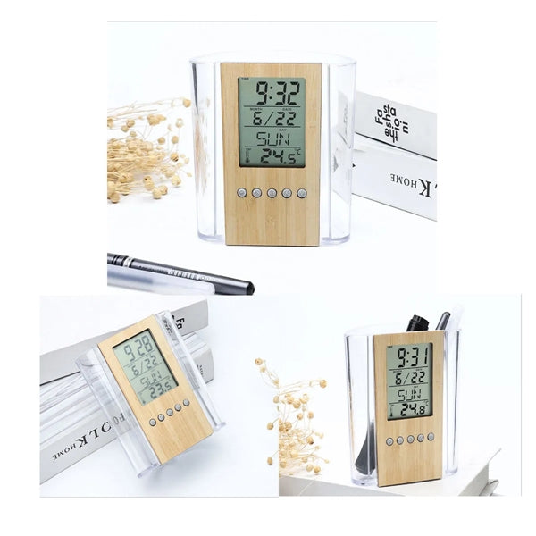 Multifunctional Digital Bamboo And Wood Pen Holder Clock