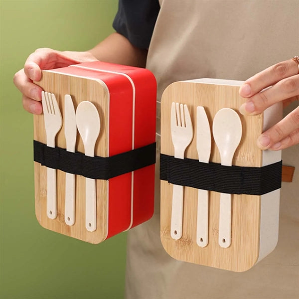Wood Bento Lunch Box Set (W/ Fork, Spoon Knife)