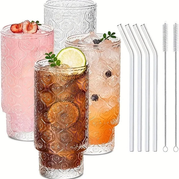 11OZ Embossed Drinking Glasses with Lids Straw Brush