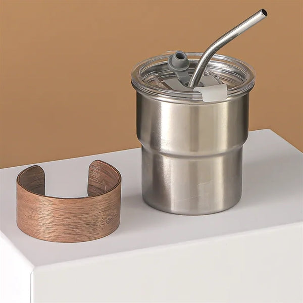 10 oz Stainless Steel Camping Cup With Straw Lid and Holder
