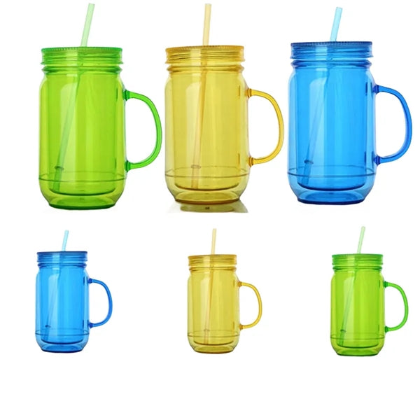 16/20 oz Acrylic Mason Jar Drinking Mug With Handle & Straw