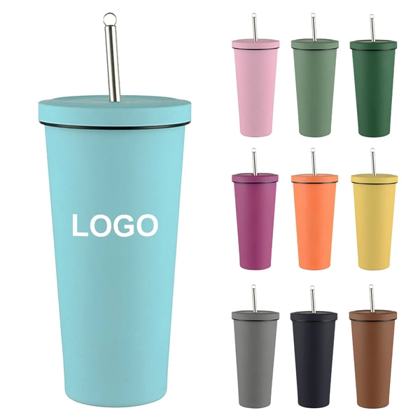 Stainless Steel Double Layer Cup With Lid & Straw