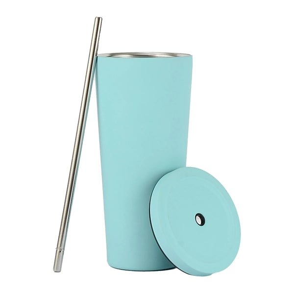Stainless Steel Double Layer Cup With Lid & Straw