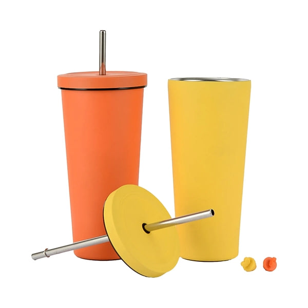 Stainless Steel Double Layer Cup With Lid & Straw