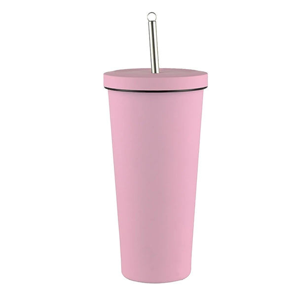 Stainless Steel Double Layer Cup With Lid & Straw