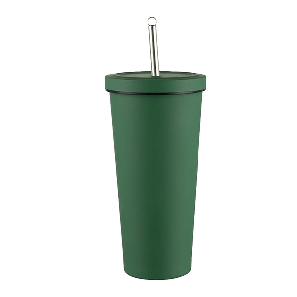 Stainless Steel Double Layer Cup With Lid & Straw
