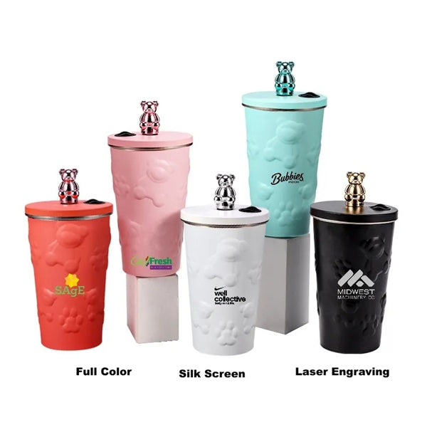 20 oz Stainless Steel Bear Tumbler with Lid and Straw