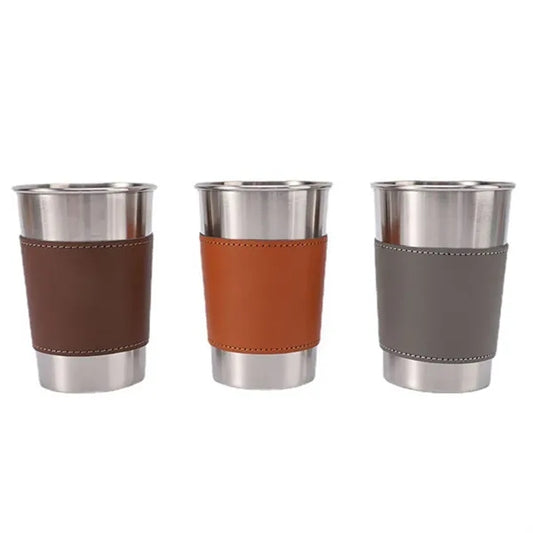 17 oz Stainless Steel Beer Cup with Leather Sleeve