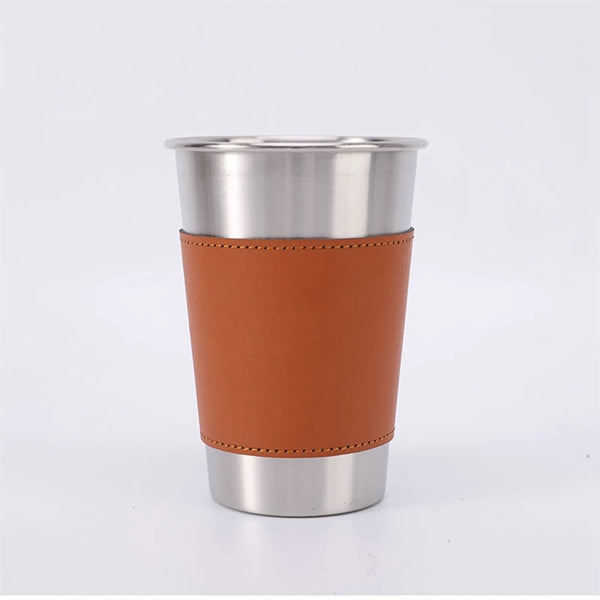 17 oz Stainless Steel Beer Cup with Leather Sleeve