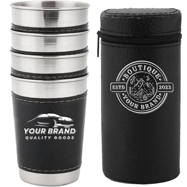 6 oz. Stackable Stainless Steel Cups Set with Leather Cover