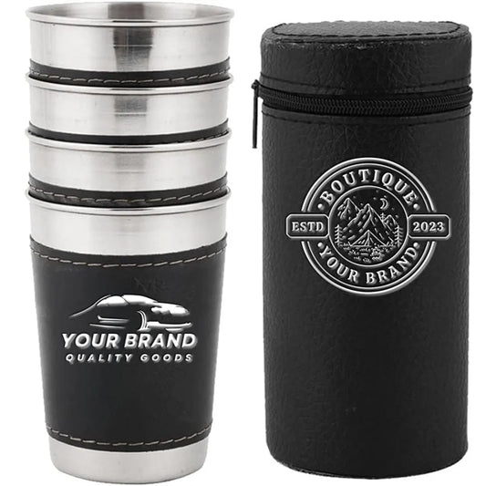 6 oz. Stackable Stainless Steel Cups Set with Leather Cover