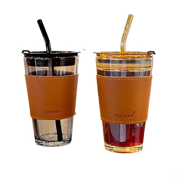 Portable straw cup with leather sleeve