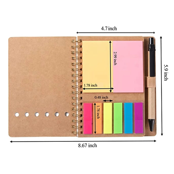 Lined Spiral Kraft Paper Notebook With Sticky Notes