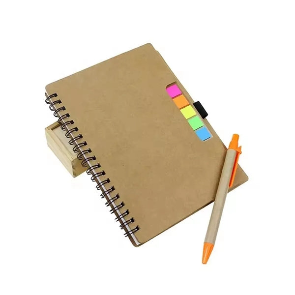 Spiral Kraft Paper Notebook with Pen and Sticky Notes