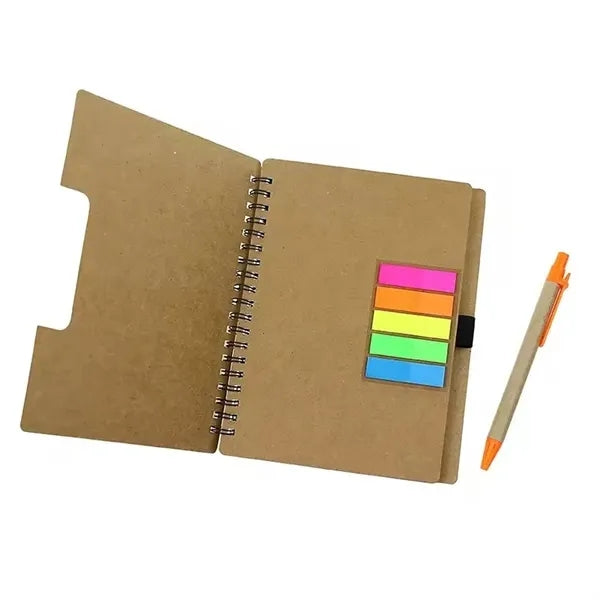 Spiral Kraft Paper Notebook with Pen and Sticky Notes