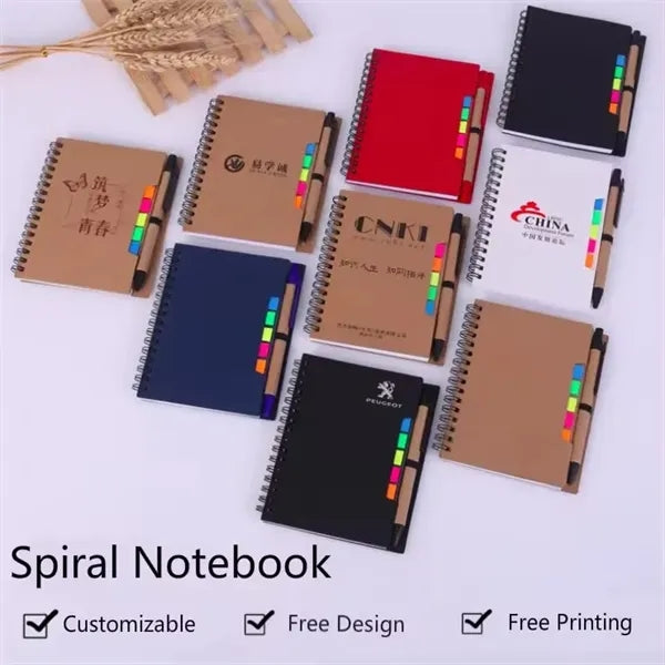 Spiral Kraft Paper Notebook with Pen and Sticky Notes