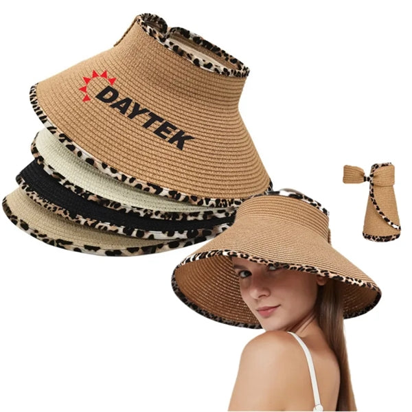 Ponytail Straw Leopard Roll Up Bow Sun Visor