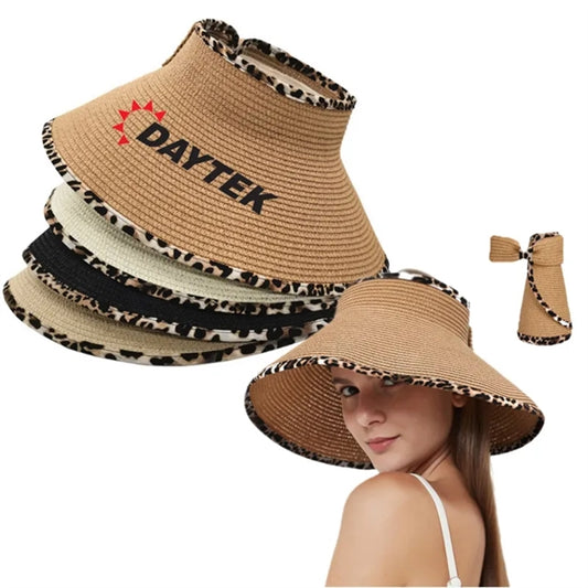 Ponytail Straw Leopard Roll Up Bow Sun Visor