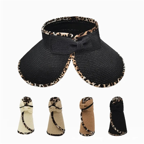 Ponytail Straw Leopard Roll Up Bow Sun Visor