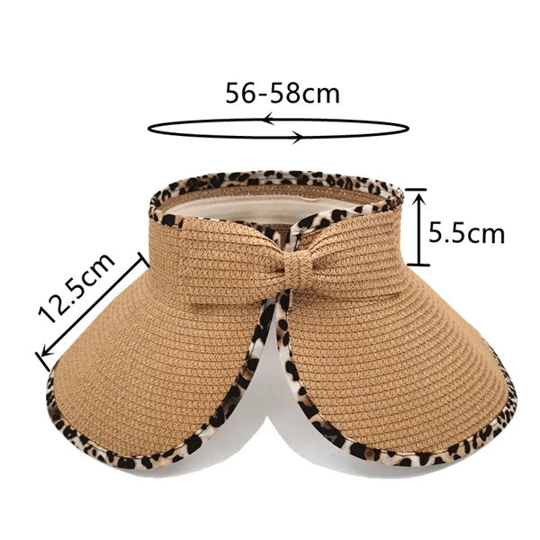 Ponytail Straw Leopard Roll Up Bow Sun Visor