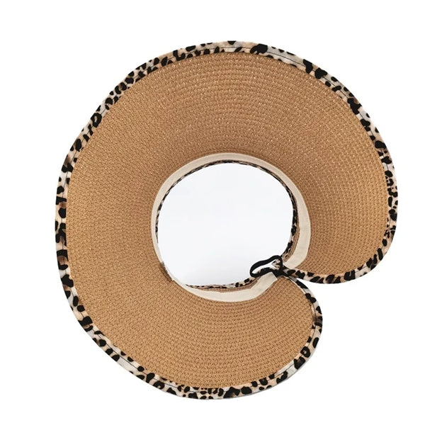 Ponytail Straw Leopard Roll Up Bow Sun Visor
