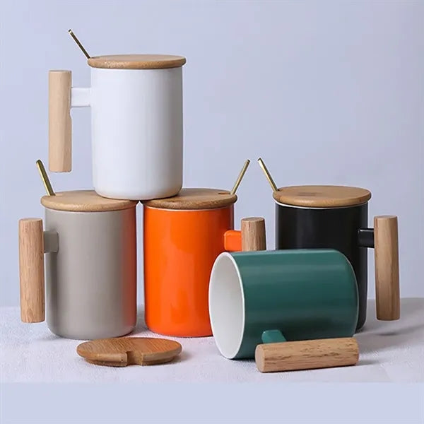 13oz Wooden Handle Coffee Mug With Stir Spoon
