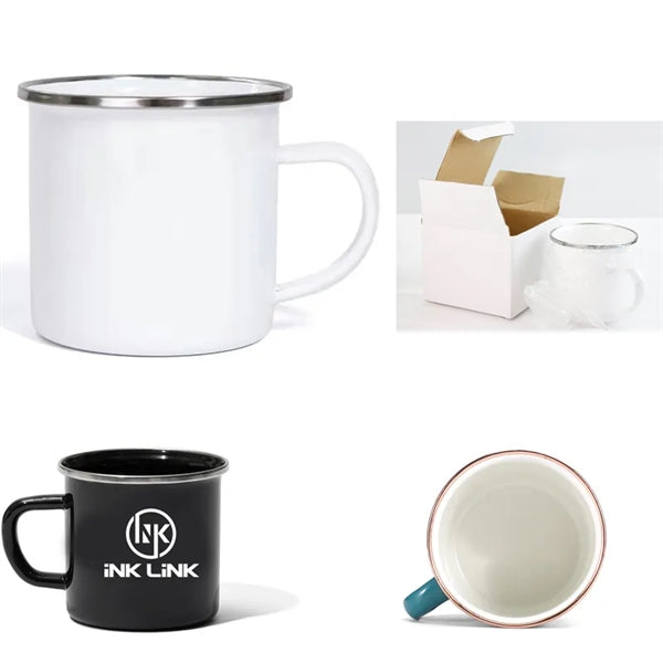 12Oz White Enamel Mug Silver Rim With Case