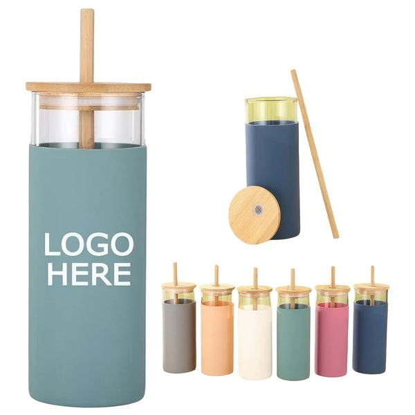 16 oz Glass Tumbler Bottle with Bamboo Lid and Straw
