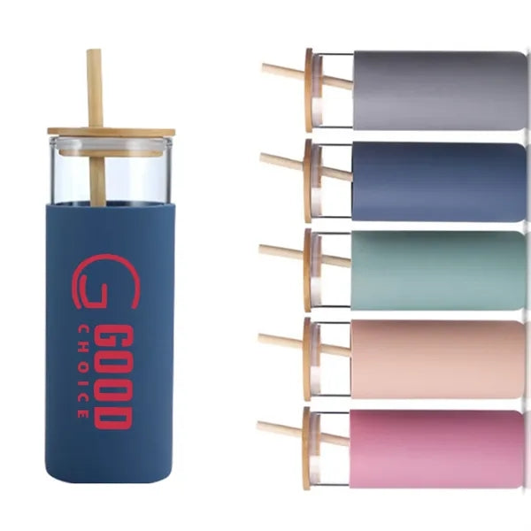16oz Glass Bottle Straw with Silicone Sleeve Bamboo Lid