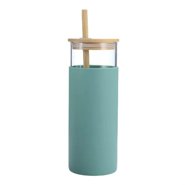 16oz Glass Bottle Straw with Silicone Sleeve Bamboo Lid