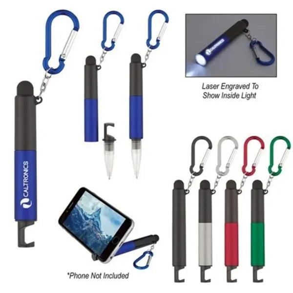 6 In 1 Keychain LED Light Stylus Phone Holder Mini Ball Pen
