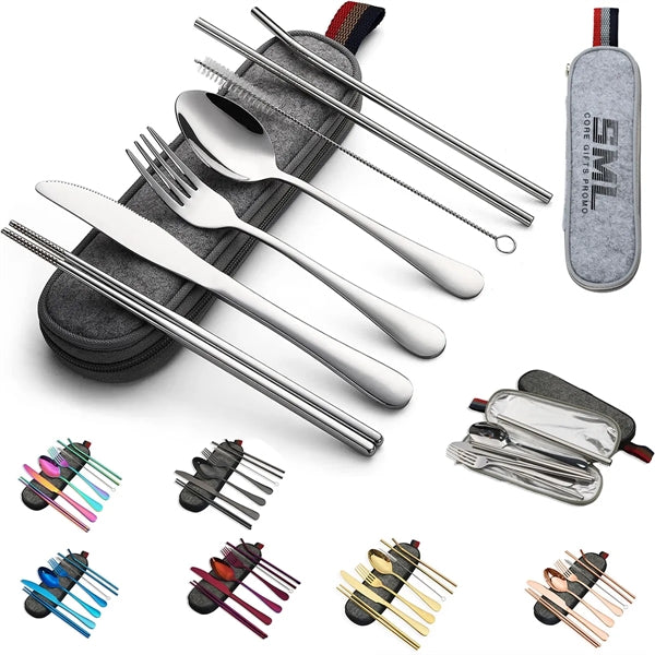 Portable 7 pcs Stainless Steel Cutlery Set w/Felt Bag