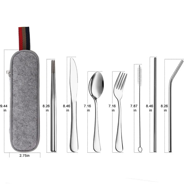 Portable 7 pcs Stainless Steel Cutlery Set w/Felt Bag