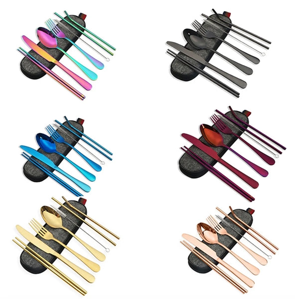 Portable 7 pcs Stainless Steel Cutlery Set w/Felt Bag