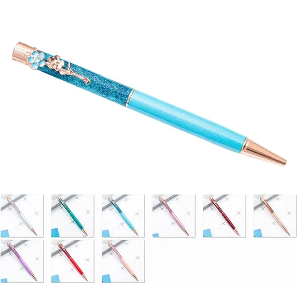 Liquid Sand Glitter Metal Ballpoint Pen With Flower Clip