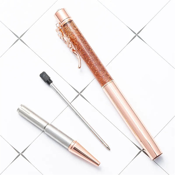 Liquid Sand Glitter Metal Ballpoint Pen With Flower Clip