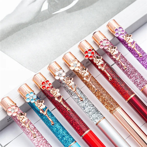 Liquid Sand Glitter Metal Ballpoint Pen With Flower Clip
