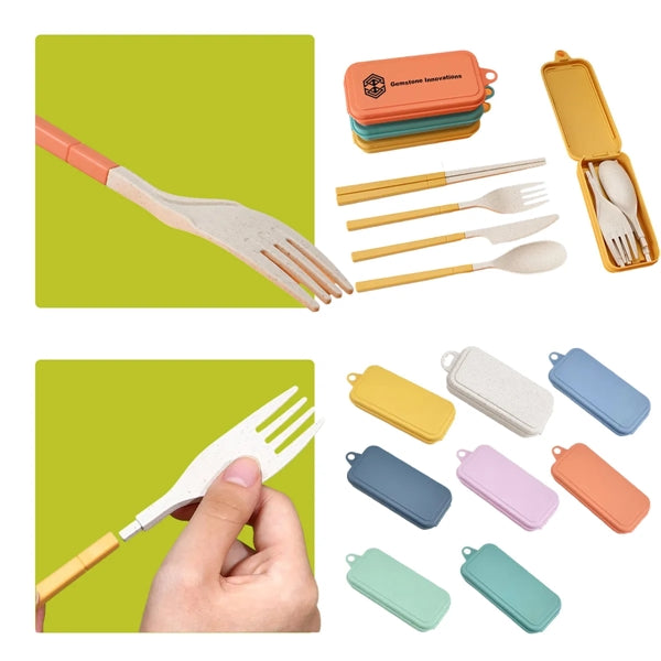 Wheat Straw Plastic Detachable Cutlery Set w/ Storage Case