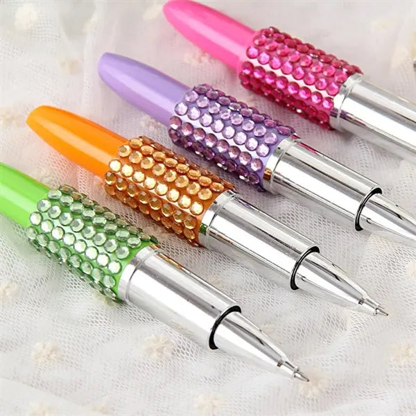 Rhinestone Crystal Lipstick Plastic Ballpoint Pen With Cap
