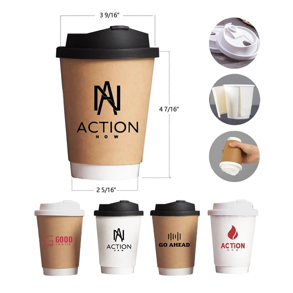12 OZ Disposable Double-Layer Paper Coffee Cup With Lids