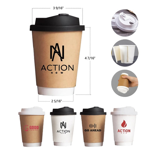 12 OZ Disposable Double-Layer Paper Coffee Cup With Lids