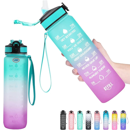 Drinking Water Bottle With Times To Drink And Straw