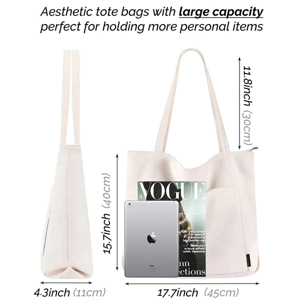 Corduroy Tote Shoulder Bag With Zipper And Pockets