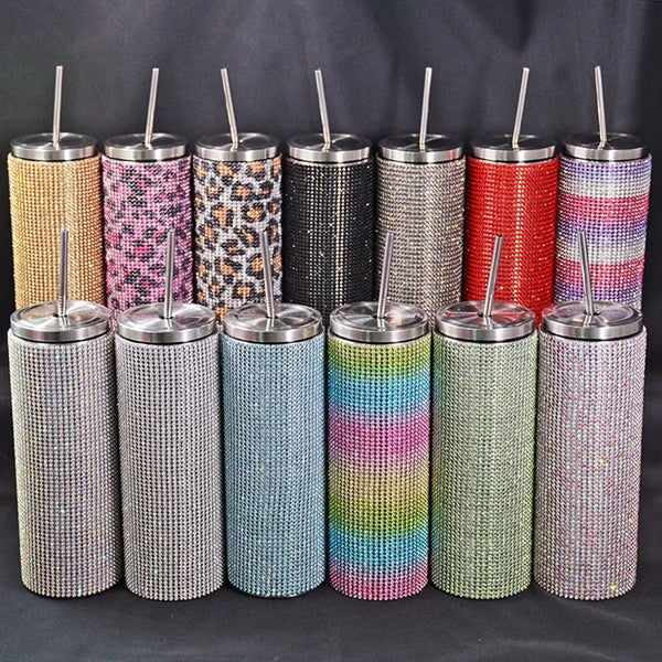 20oz Stainless Steel Rhinestones Insulated Tumbler Lid Straw