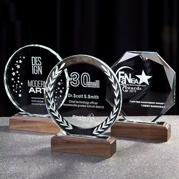 Wood Base Round Crystal Trophy