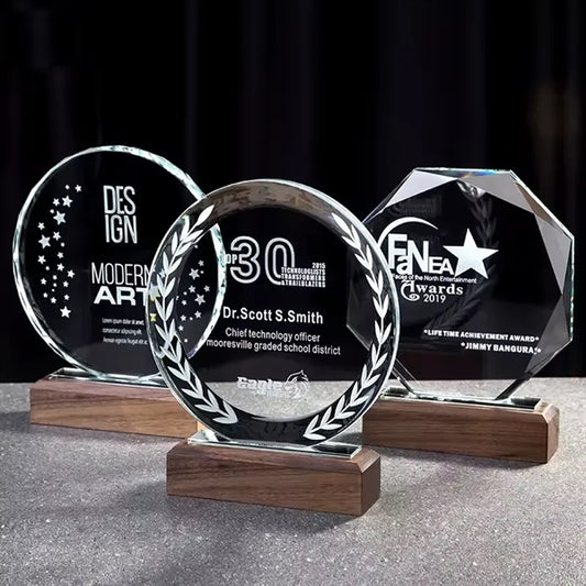 Wood Base Round Crystal Trophy