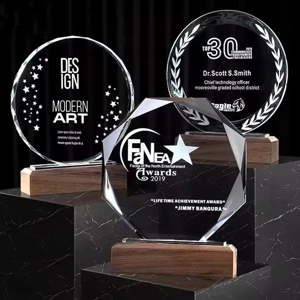 Wood Base Round Crystal Trophy