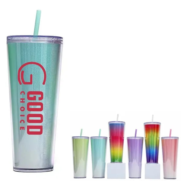 24 Oz Double-wall Plastic Multi-Color Straw Cup