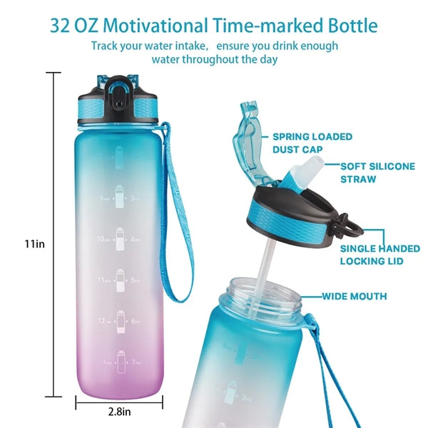 32 Oz Water Bottle With Time Marker And Carry Strap